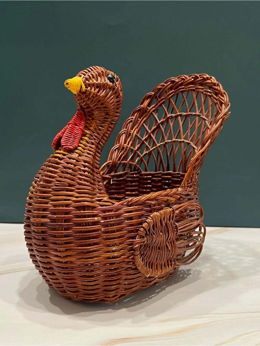 Vintage 1990s Woven Wicker Turkey Basket Thanksgiving Fall Farmhouse Cottagecore